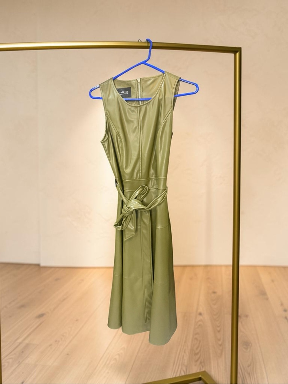 Sleeveless Olive Green Faux-Leather Belted Dress